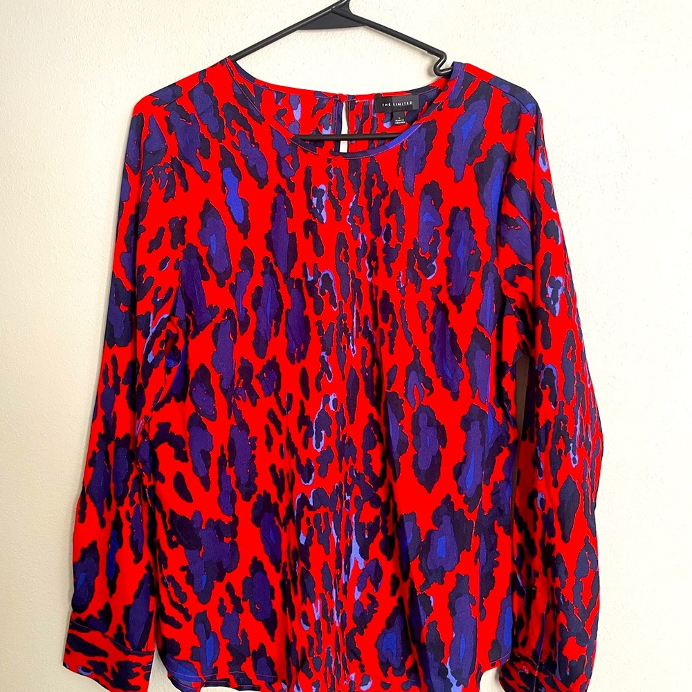 The Limited, size Large blouse, blue and red orange, cheetah print detail
